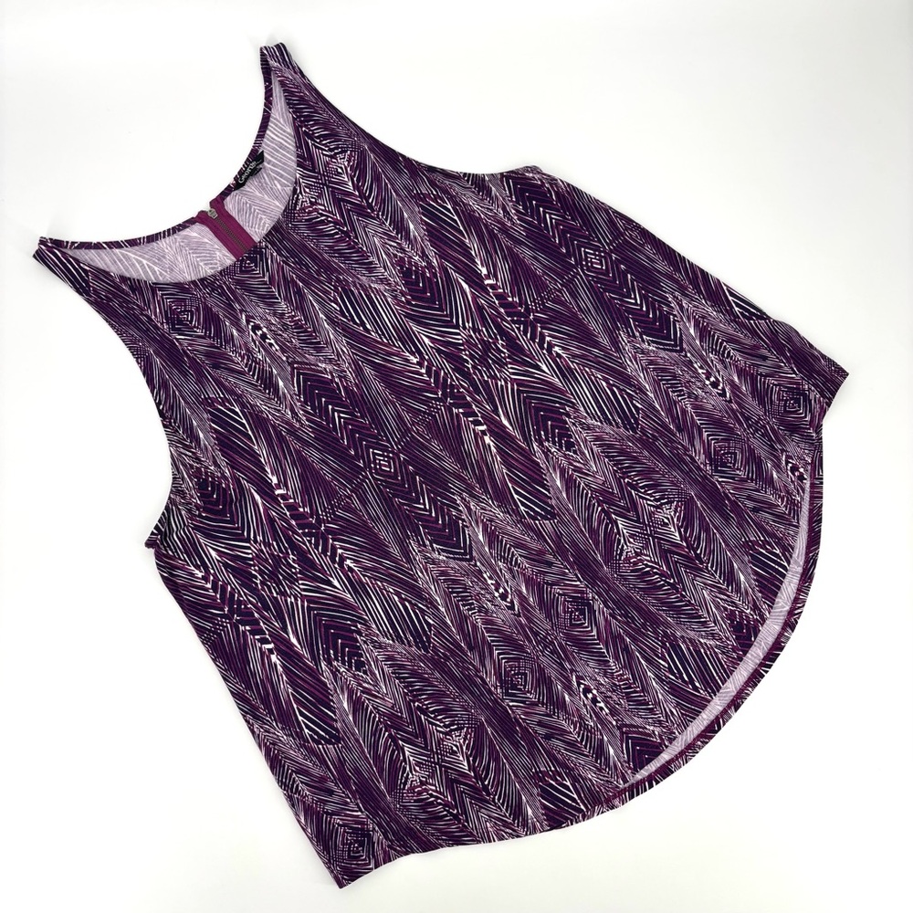George Purple Abstract Leaf Print Round Hem Back Zipper Tank Top, XXL